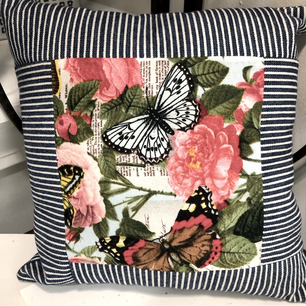 Pillow, Flowers & Butterflies Design, Size 9.5x9.5x3”